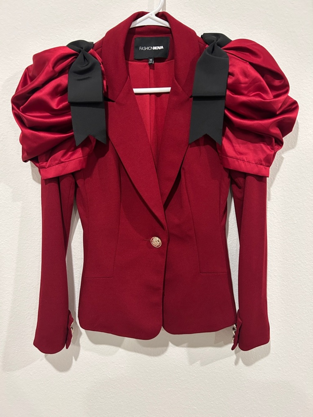 Fashion Nova Crimson Red Puff-Sleeve Blazer with Black Bow Accents
